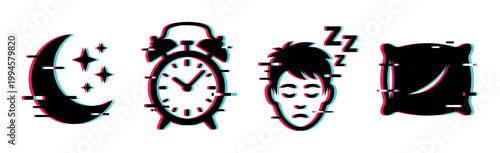 Moon, alarm clock, sleeping person, and pillow icons featuring a trendy digital glitch effect, symbolizing sleep and wake cycles.