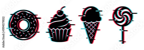 Sweet dessert treats including a donut, cupcake, ice cream, and lollipop featuring a trendy digital glitch effect.