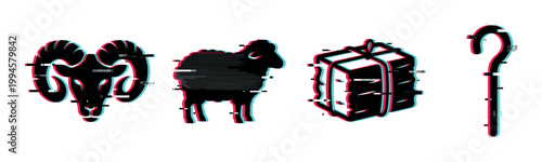 Ram, sheep, hay bale, and shepherd's crook icons featuring a vibrant digital glitch effect, perfect for modern design.