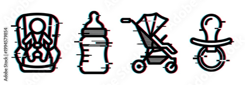 Baby items icons set with car seat, bottle, stroller, and pacifier featuring a modern glitch effect, perfect for digital design.