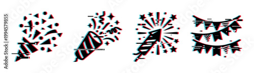 Party icons with glitch effect featuring celebration elements like confetti, poppers, fireworks, and banners for festive digital designs.