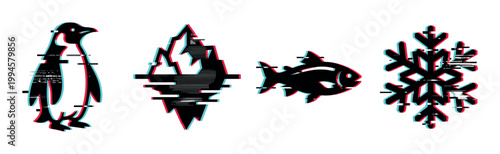 Penguin, iceberg, fish, and snowflake icons with a modern digital glitch effect and RGB color shift distortion.
