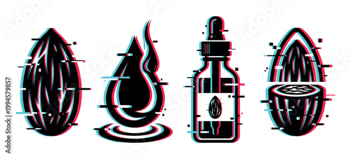 Almond oil and nut icons with a modern glitch effect, representing natural cosmetics, healthy food, and organic ingredients.