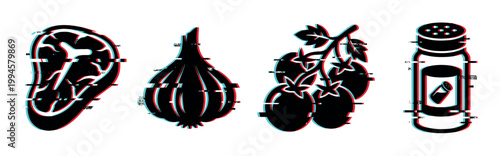 Meat garlic tomatoes salt shaker icons with a modern glitch effect representing cooking ingredients and essential food preparation items