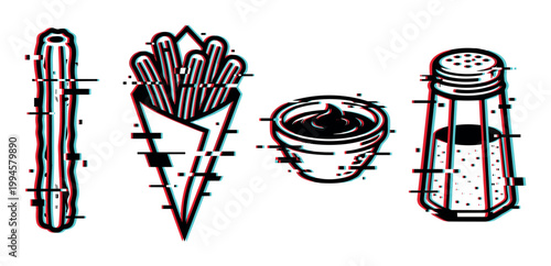 Churros, french fries, dipping sauce, and salt shaker with a modern digital glitch effect and distorted lines