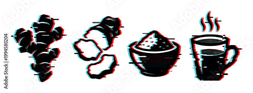 Ginger root, slices, powder, and hot tea cup with a modern digital glitch effect, representing a blend of natural ingredients and technology.