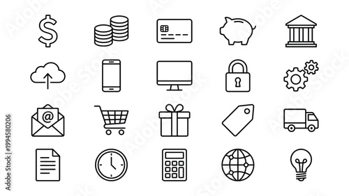 Set of financial and commerce icons including dollar sign coins credit card piggy bank building cloud upload smartphone monitor lock gears email shopping cart gift tag truck document clock