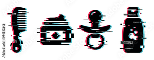 Baby care items including comb, cream, pacifier, and bottle rendered with a modern digital glitch effect.