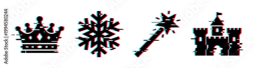 Glitch effect icons of a crown, snowflake, magic wand, and castle with digital distortion and RGB shift for modern design.