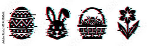 Easter egg, bunny, basket, flower icons with a trendy glitch effect, perfect for modern digital holiday and spring designs.