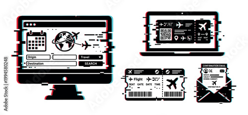 Digital flight booking and travel planning concept with glitch effect, showing online interfaces, tickets, and confirmation emails for modern journeys.