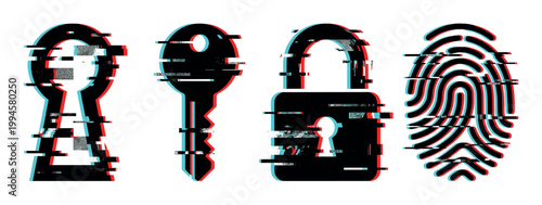 Digital security icons with glitch effect representing data protection, cybercrime, and modern technology concepts.