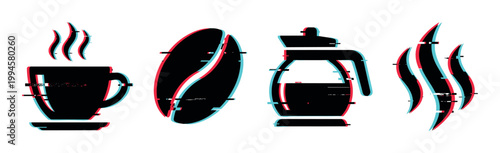 Coffee icons with a modern digital glitch effect, featuring a steaming cup, bean, pot, and steam in a contemporary vector illustration.
