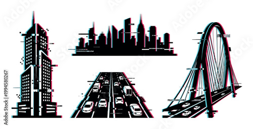 Digital glitch effect on modern city elements including skyscrapers, urban skyline, busy highway with cars, and a cable-stayed bridge.