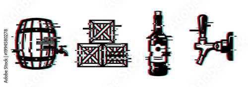 Glitch effect barrel, crates, bottle, and beer tap vector illustration with digital distortion and retro anaglyph style.