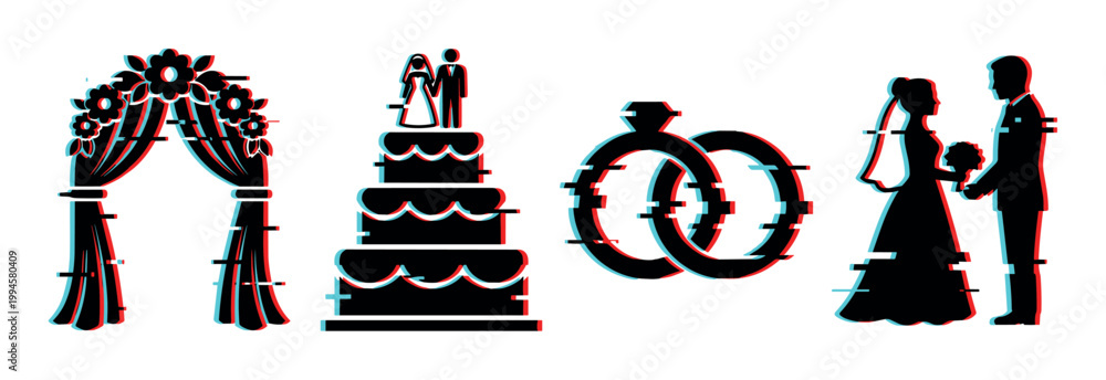 Naklejka premium Wedding icons with glitch effect, featuring an arch, cake, rings, and a bride and groom silhouette, representing modern marriage concepts.