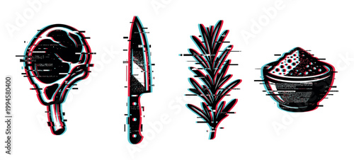 Glitch art style illustration of meat, knife, rosemary, and spices for cooking and culinary themes with a modern digital effect.