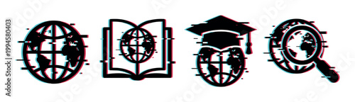 Global education icons with a modern digital glitch effect representing worldwide learning, knowledge, and research.