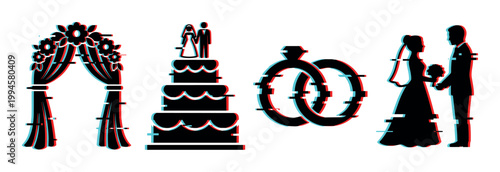 Wedding icons with glitch effect, featuring an arch, cake, rings, and a bride and groom silhouette, representing modern marriage concepts.