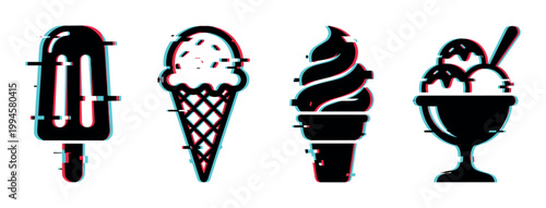 Ice cream dessert treats with a modern digital glitch effect, featuring various frozen sweets in a contemporary style.