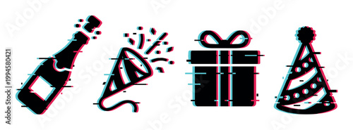 Celebration party icons with glitch effect, featuring champagne, popper, gift, and hat for festive events.