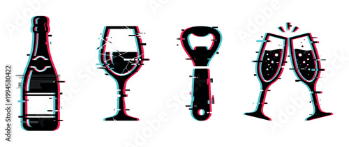 Glitch effect icons of a champagne bottle, wine glass, bottle opener, and toasting flutes for celebration.