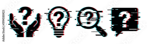Glitch question mark icons representing uncertainty, problem-solving, search, and ideas with digital distortion effect.