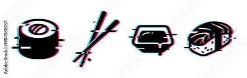Sushi and Japanese food icons with a modern glitch effect, perfect for digital art and contemporary design projects.