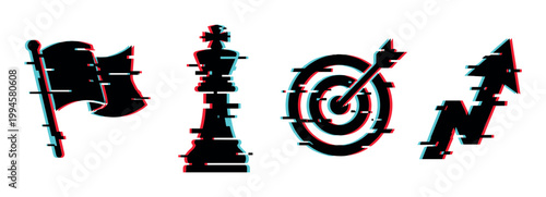 Glitch effect icons set featuring a waving flag, chess king piece, target with arrow, and rising arrow, symbolizing strategy, achievement, and digital disruption.