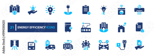 Energy efficiency icon set. power, saving, sustainability, renewable, optimization. solid style icon collection.