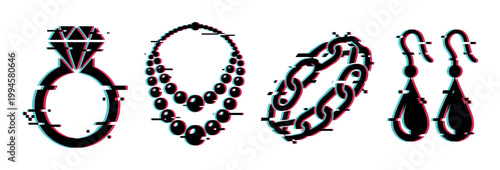 Jewelry set with digital glitch effect including a diamond ring, pearl necklace, chain bracelet, and drop earrings.
