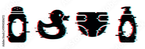 Baby essentials collection with a trendy digital glitch effect, showcasing powder, rubber duck, diaper, and lotion bottle.