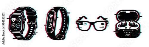 Wearable tech devices with a digital glitch effect illustration, showcasing a smartwatch, fitness tracker, smart glasses, and wireless earbuds.