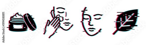 Skincare beauty product icons with glitch effect representing natural cosmetics and facial treatment concepts.