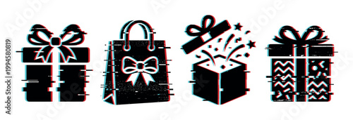 Glitch effect gift boxes and shopping bag icons with digital distortion for celebration and retail concepts, featuring a modern abstract graphic style.