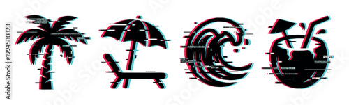 Palm tree, beach umbrella, ocean wave, and coconut drink icons with a modern glitch effect, representing summer vacation and tropical holidays.