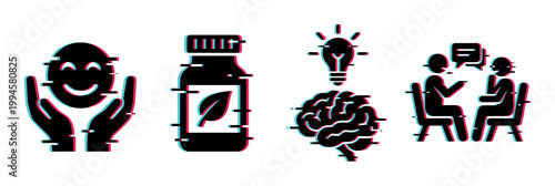 Mental health, well-being, natural remedies, ideas, and therapy icons with a modern glitch effect.
