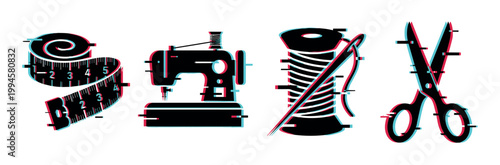 Sewing tools and tailoring equipment with a modern glitch effect, featuring a measuring tape, machine, thread, and scissors.