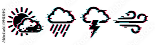 Weather icons with glitch effect depicting various atmospheric conditions like sun, rain, lightning, and wind for digital forecast applications.