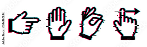 Digital hand gestures with glitch effect illustrating various interactive commands and modern technology concepts for user interfaces.