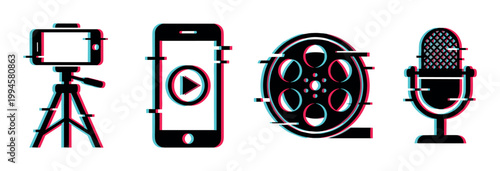 Digital media creation icons with glitch effect, including smartphone on tripod, film reel, and microphone for modern content.