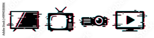Media devices with glitch effect including modern television, retro TV, projector, and computer monitor icons for digital content.
