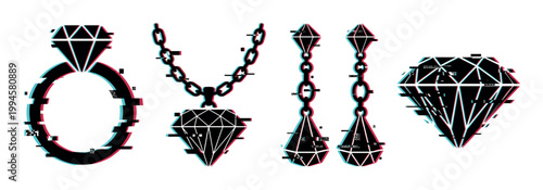Diamond jewelry set with glitch effect, including a ring, pendant, earrings, and a loose gem, rendered in a modern digital style.