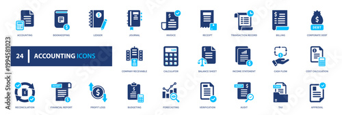 Accounting icon set. finance, bookkeeping, report, audit, calculation. solid style icon collection.