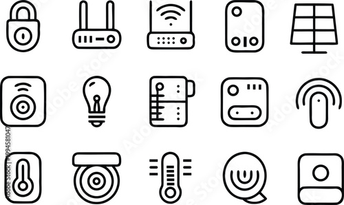 Smart home security and technology icon set, wifi router lock camera sensor thermostat devices, cad drawing flat vector illustration, minimal outline style