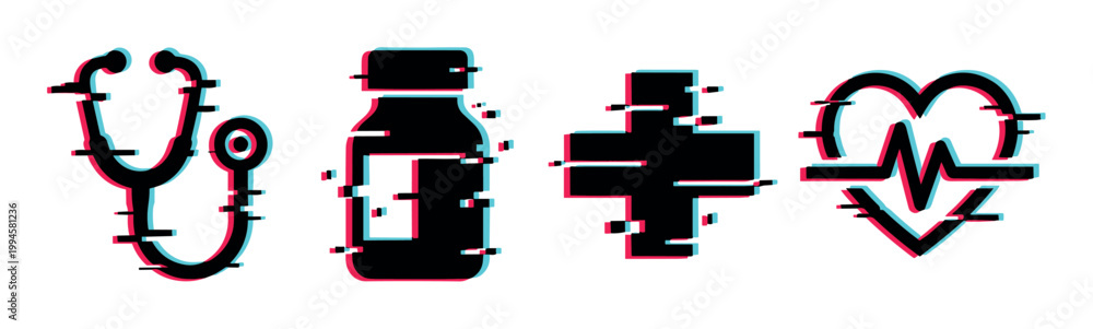 Obraz premium Stethoscope, medicine bottle, medical cross, and heart with ECG line icons featuring a modern digital glitch effect, symbolizing healthcare technology and medical innovation.