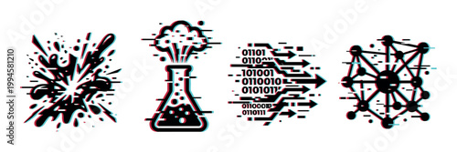Glitch effect icons representing digital data, scientific research, chemical reactions, and network connections in a modern style.