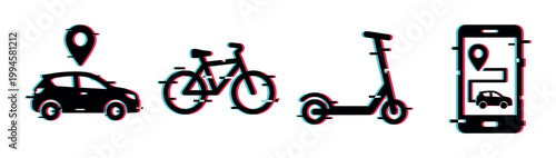 Urban mobility icons featuring car, bicycle, scooter, and smartphone navigation with a modern digital glitch effect.