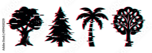 Digital glitch effect trees vector illustration set featuring various tree types like oak, pine, palm, and apple trees with distorted colors.