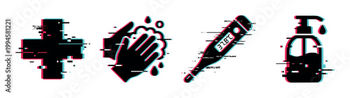Medical cross, washing hands, thermometer, and sanitizer icons with a modern digital glitch effect representing health and hygiene concepts.
